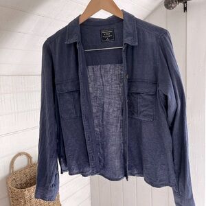 LINEN Navy American Eagle Cropped Button Up
